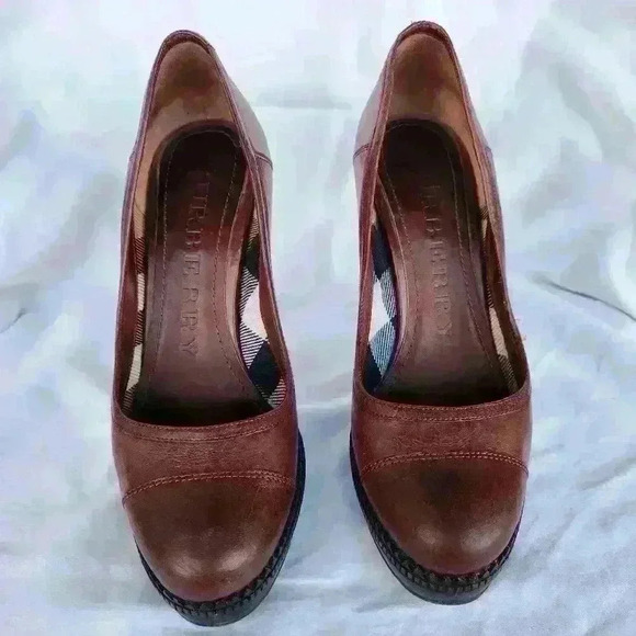 Burberry Brown Leather Pumps Serrated Platform Edge Vintage Designer Heels - Picture 3 of 9